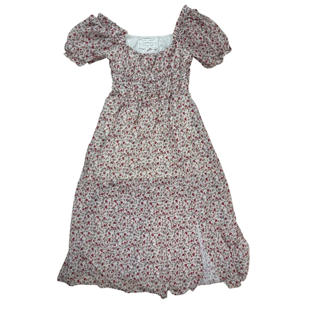 Cottagecore Floral Homecoming Midi Dress Chiffon Smocked Puff Sleeve Small‎